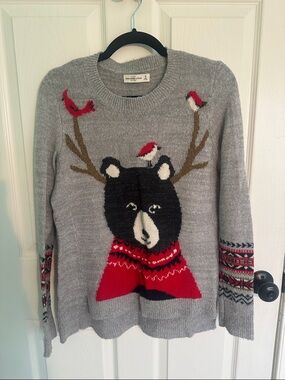 Abercrombie Grey Bear Motif Crewneck Sweater with Red Accents